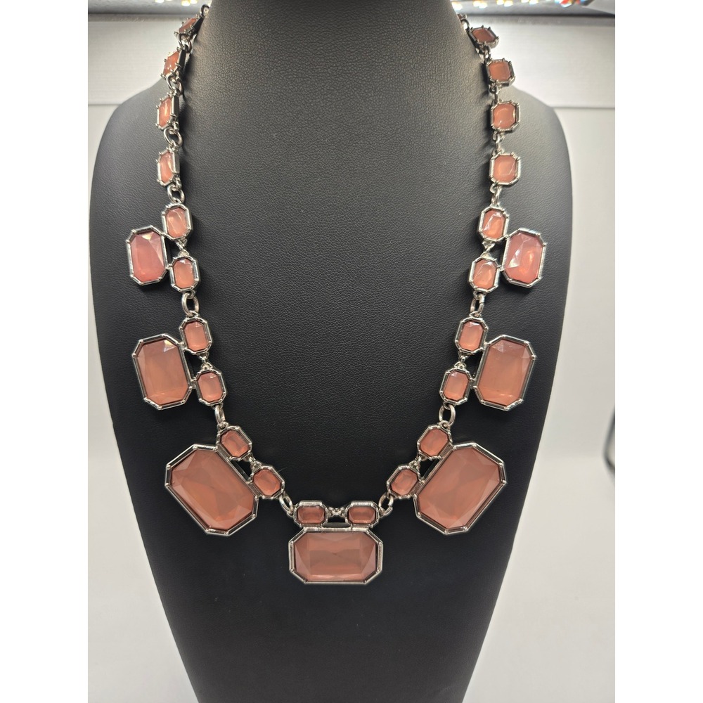 Silver Tone Peach Faceted Resin Geometric Statement Necklace Bib Style